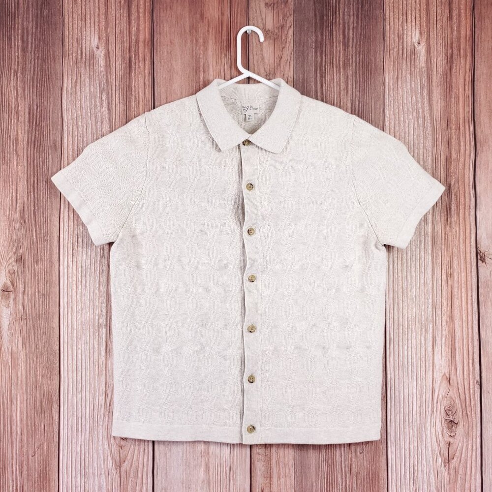 Knit for J Crew Mens XL Neutral Beige Cable Knit SS Cardigan Polo Sweater Cotton